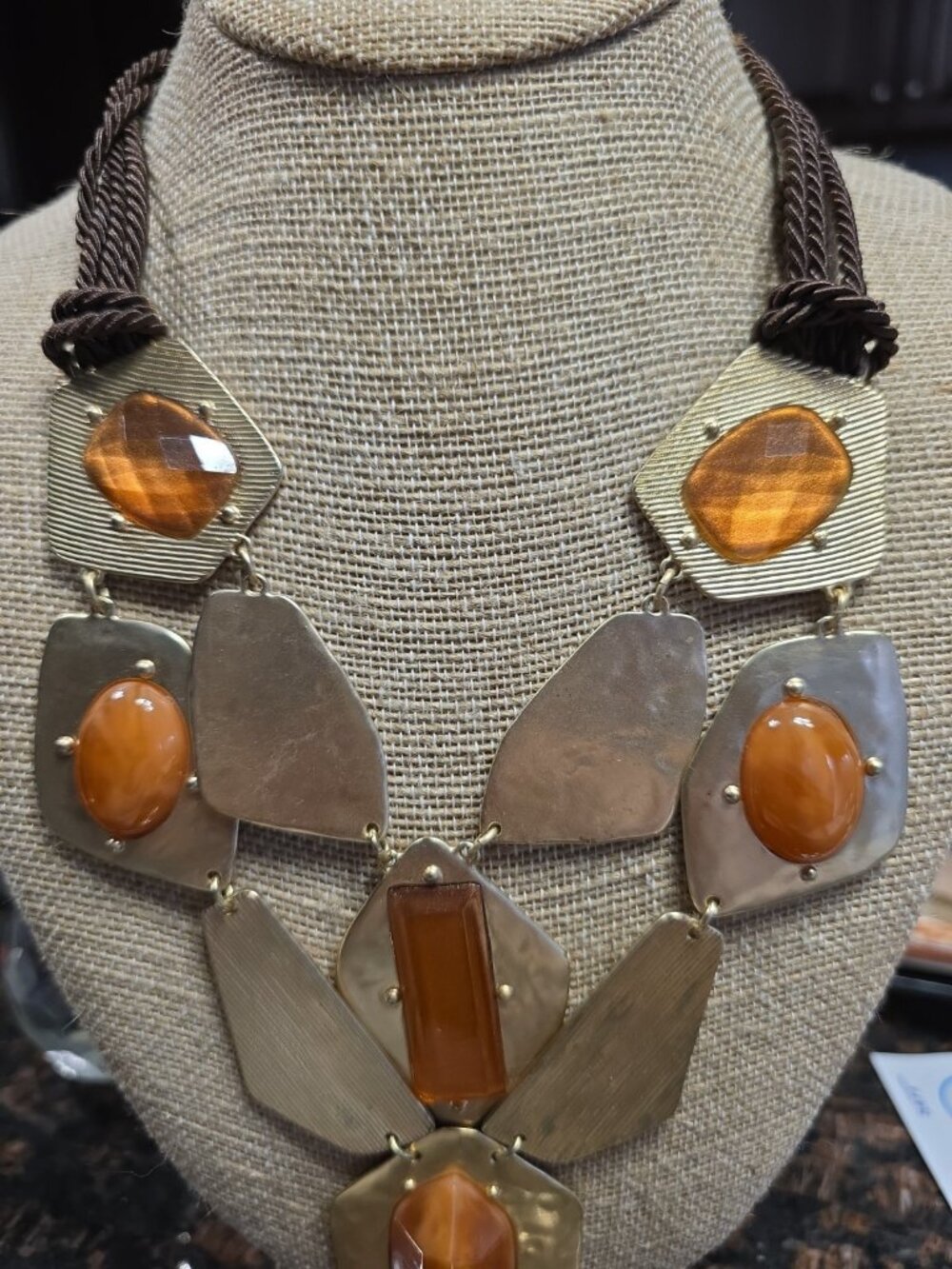 Chicos Statement Necklace Amber Color Acrylic Stones Gold Tone Brown Woven Cord - Picture 3 of 8